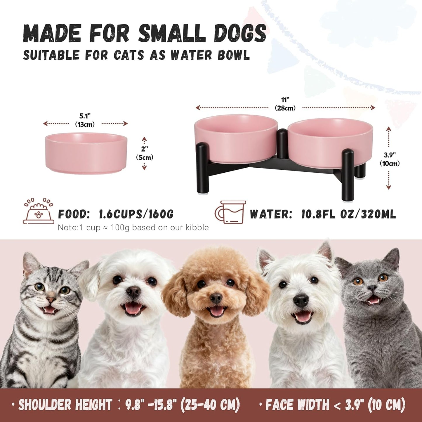 Raised Ceramic Dog Bowl Set - Elevated Double Dishes with Stainless Steel Stand - Food and Water Bowls for Small to Medium Dogs - Each Holds 3.5 Cups (29.57 fl oz) - White