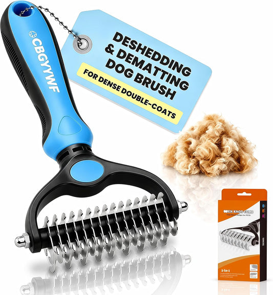 2026 New Double-Sided Deshedding Dematting Tool, Undercoat Rake for Dogs & Cats, Extra-Wide Dog Grooming Brush & Deshedder Comb for Long Hair (Blue)