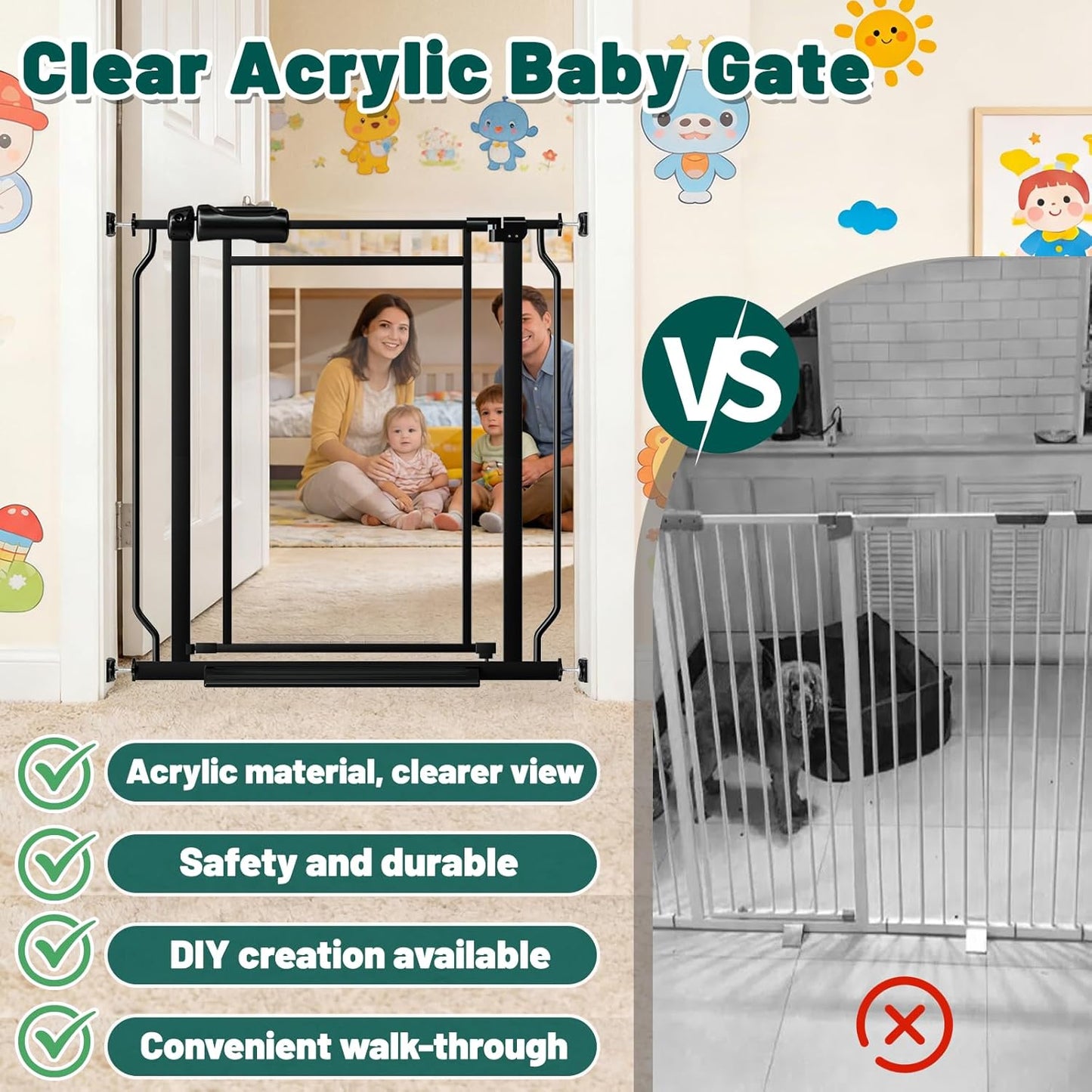 Fairy Baby Triple Lock Clear Baby Gate for Doorways, 57.6”-66.8” Extra Wide Acrylic Dog Gate for Stairs, Safety Child Gate Pressure Mounted No Drill, Auto Close Clear Pet Gate One-Hand Opening, Black