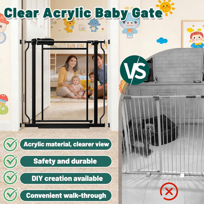 Fairy Baby Triple Lock Clear Baby Gate for Doorways, 57.6”-66.8” Extra Wide Acrylic Dog Gate for Stairs, Safety Child Gate Pressure Mounted No Drill, Auto Close Clear Pet Gate One-Hand Opening, Black