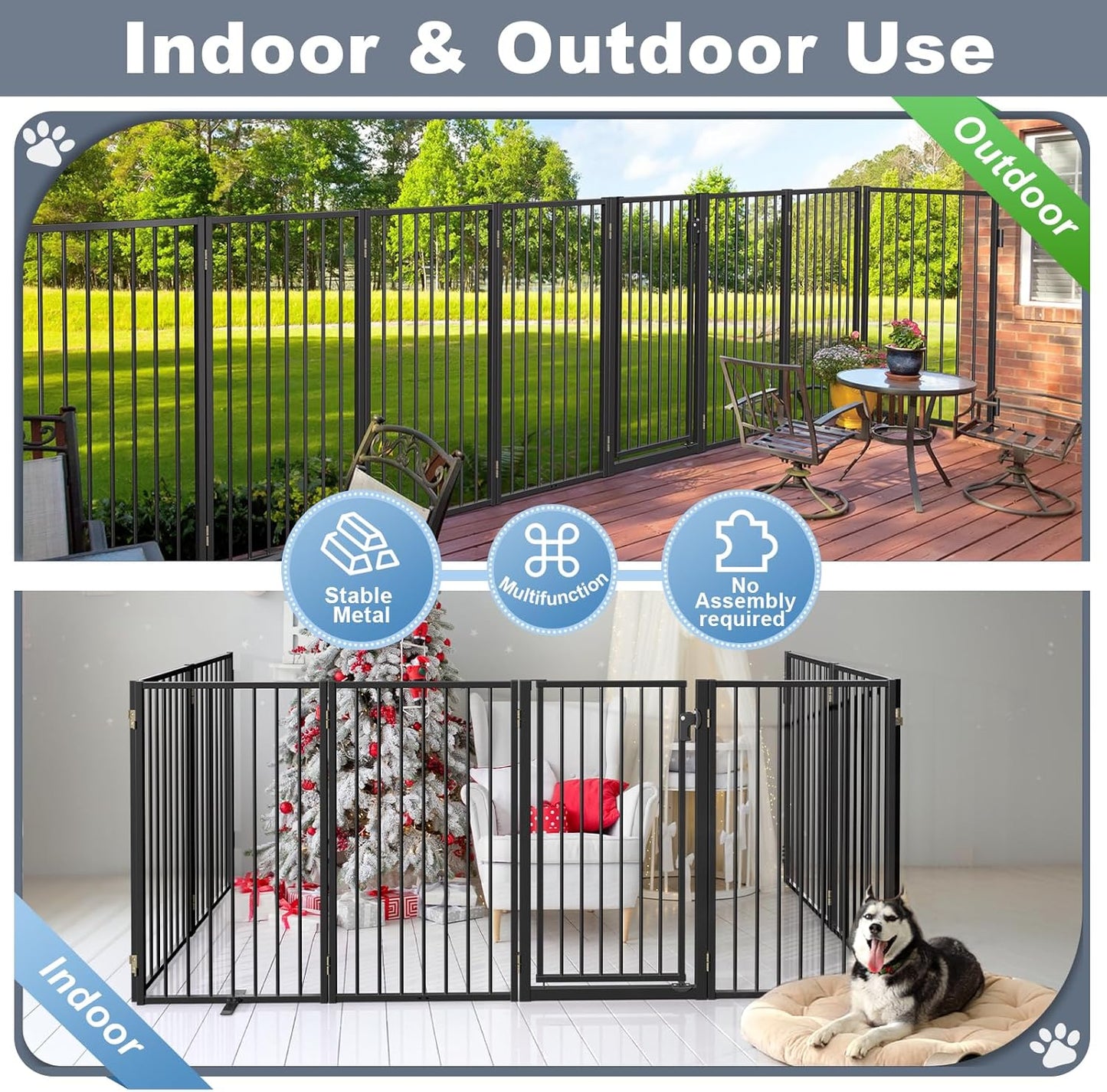 Metal Freestanding Dog Gates with Door for Outdoor Indoor,80'' Extra Wide 32'' Tall Free Standing Dog Gate for Doorways,Large Openings,Deck,Yard,Foldable Safety Pet Fence(Black,4 Panels)