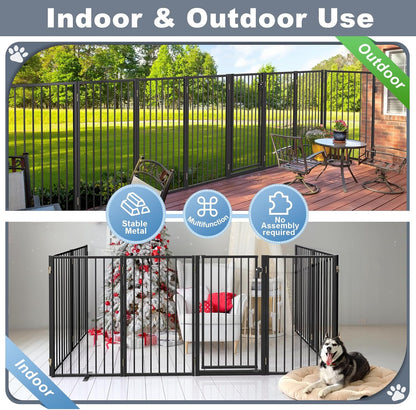 Metal Freestanding Dog Gates with Door for Outdoor Indoor,80'' Extra Wide 32'' Tall Free Standing Dog Gate for Doorways,Large Openings,Deck,Yard,Foldable Safety Pet Fence(Black,4 Panels)