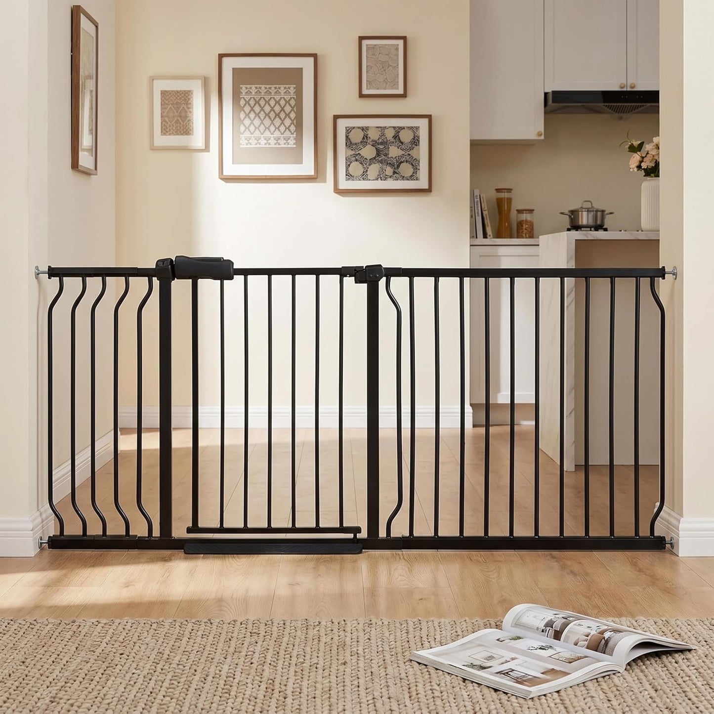 Extra Wide Baby Gate 85.8-90.5" Dog Gate Indoor Pressure Mounted No Drill Safety Gate for Large Entries, Kitchen,Stairs & Doorways, Black Metal Indoor Pet Gate for Kids & Dogs