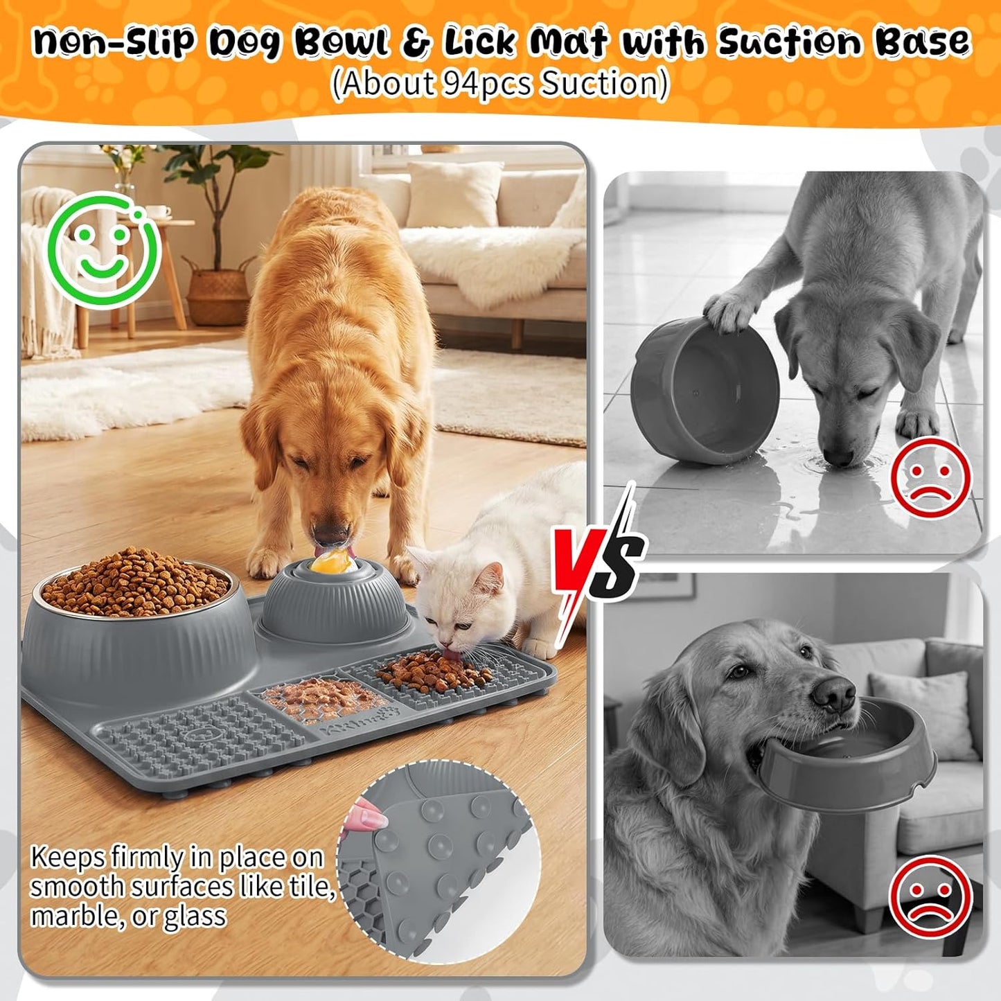 Dog Lick Bowl with Rolling Ball for Liquid and Thick Treat—3 in 1 Slow Feeder Dog Bowls+Lick Mat+50oz Stainless Steel Food Bowl,Anti-Slip 5/6 Cup Licking Toy for Medium Large Dogs and Cats Grey