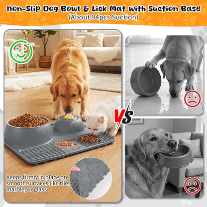 Dog Lick Bowl with Rolling Ball for Liquid and Thick Treat—3 in 1 Slow Feeder Dog Bowls+Lick Mat+50oz Stainless Steel Food Bowl,Anti-Slip 5/6 Cup Licking Toy for Medium Large Dogs and Cats Grey