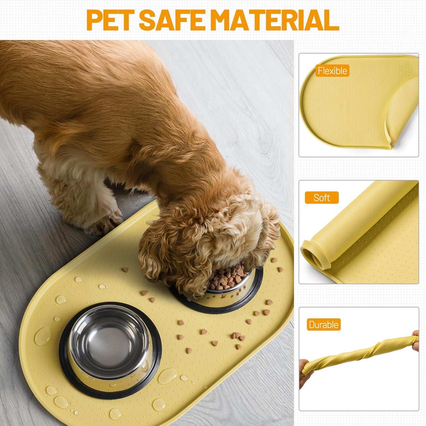 Hubulk 100% Waterproof Silicone Pet Feeding Mat with Raised Edge for Food and Water, Dog Bowl Mats, Cat Bowls Placemat with High Lip Protects Floor for Cats and Dogs (Gray, 19" L x 12" W)