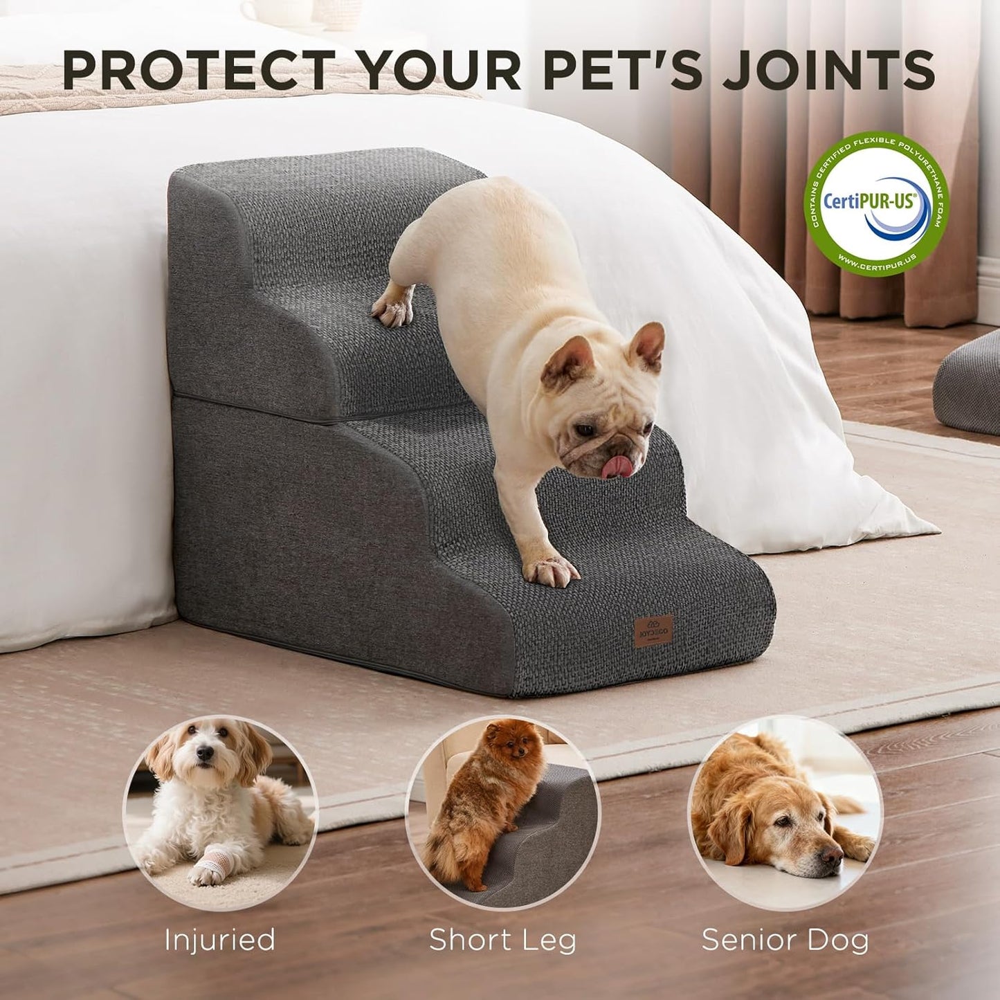 Joydeco Dog Stairs for Bed 17.1" H, 3-Step Pet Steps for Small Dogs and Cats, Dog Steps for High Bed, Non-Slip Balanced Ramp Indoor Pet Stairs, Beige