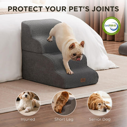 Joydeco Dog Stairs for Bed 17.1" H, 3-Step Pet Steps for Small Dogs and Cats, Dog Steps for High Bed, Non-Slip Balanced Ramp Indoor Pet Stairs, Beige