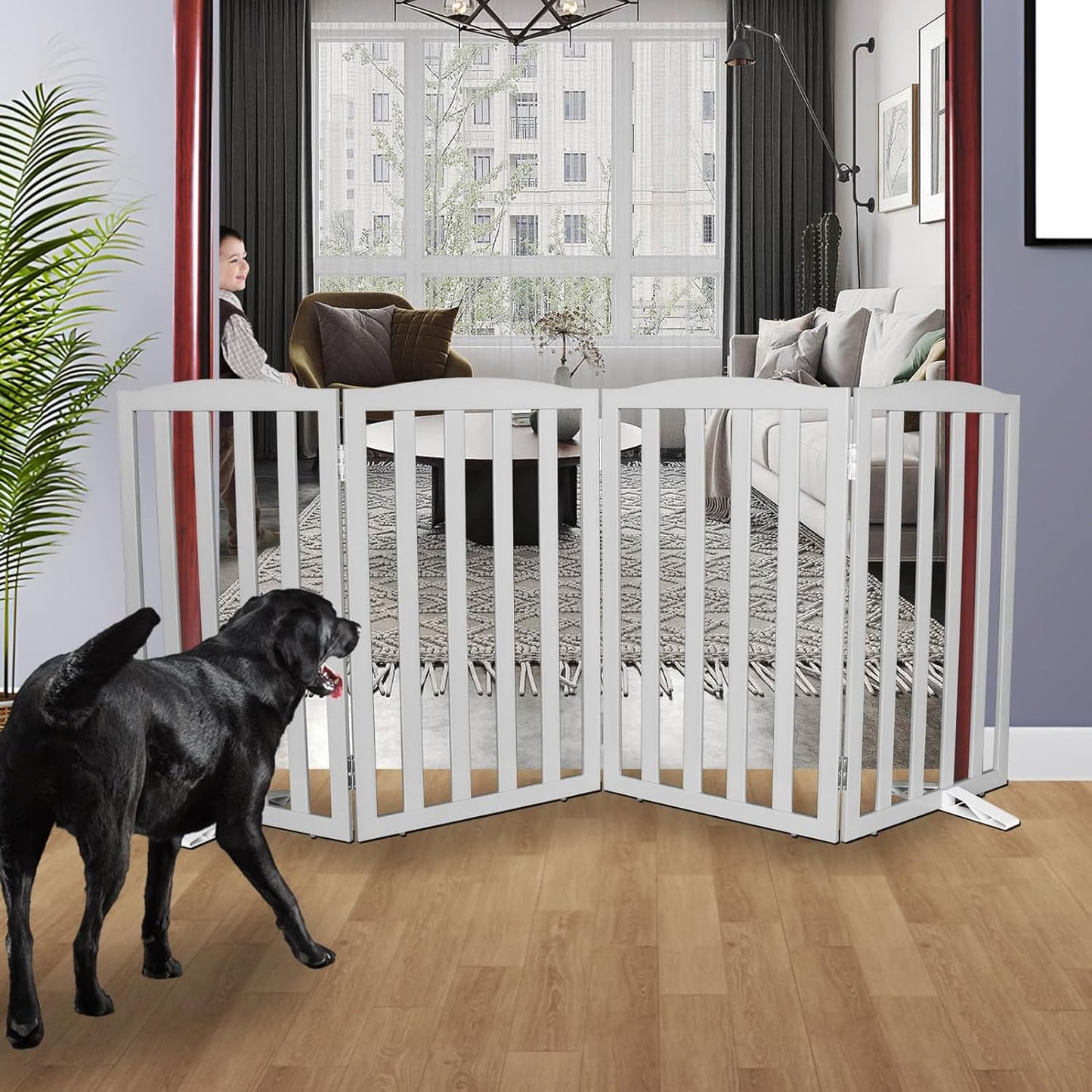 Freestanding Dog Gate Indoor,Doggie Gate Foldable Dog Gates for Doorways,Stairs or Hallways, Wooden White Pet Gate for the House, Pet Fence with Support Feet Included,24 "Height-4 Panels