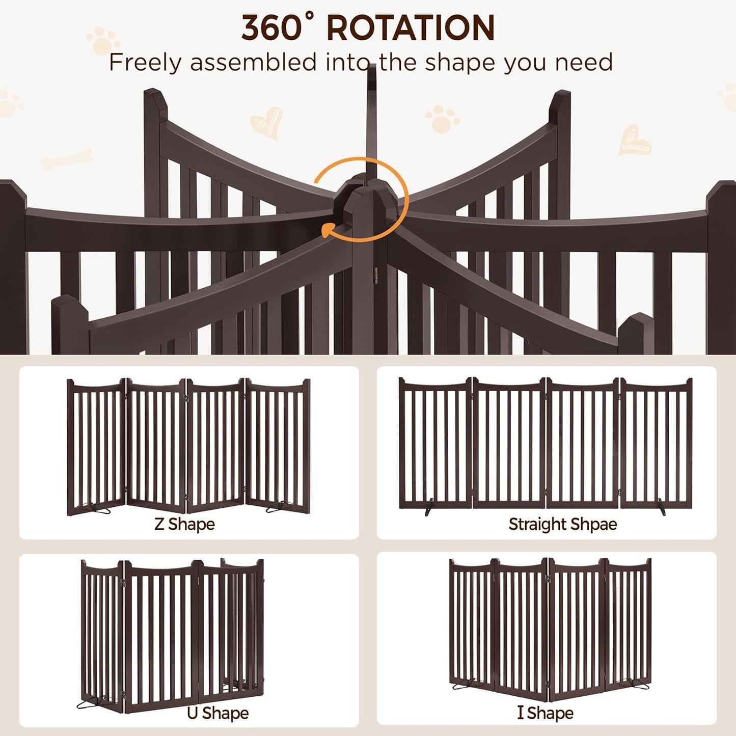Yaheetech 36" H Extra Tall Freestanding Pet Gate 4-Panel Wooden Dog Fence with 2 Support Feet Folding Dog Gate for Indoor, Stairs, Doorways, Halls, Kitchen Wooden Pet Barrier White, 79.5" L x 36" H