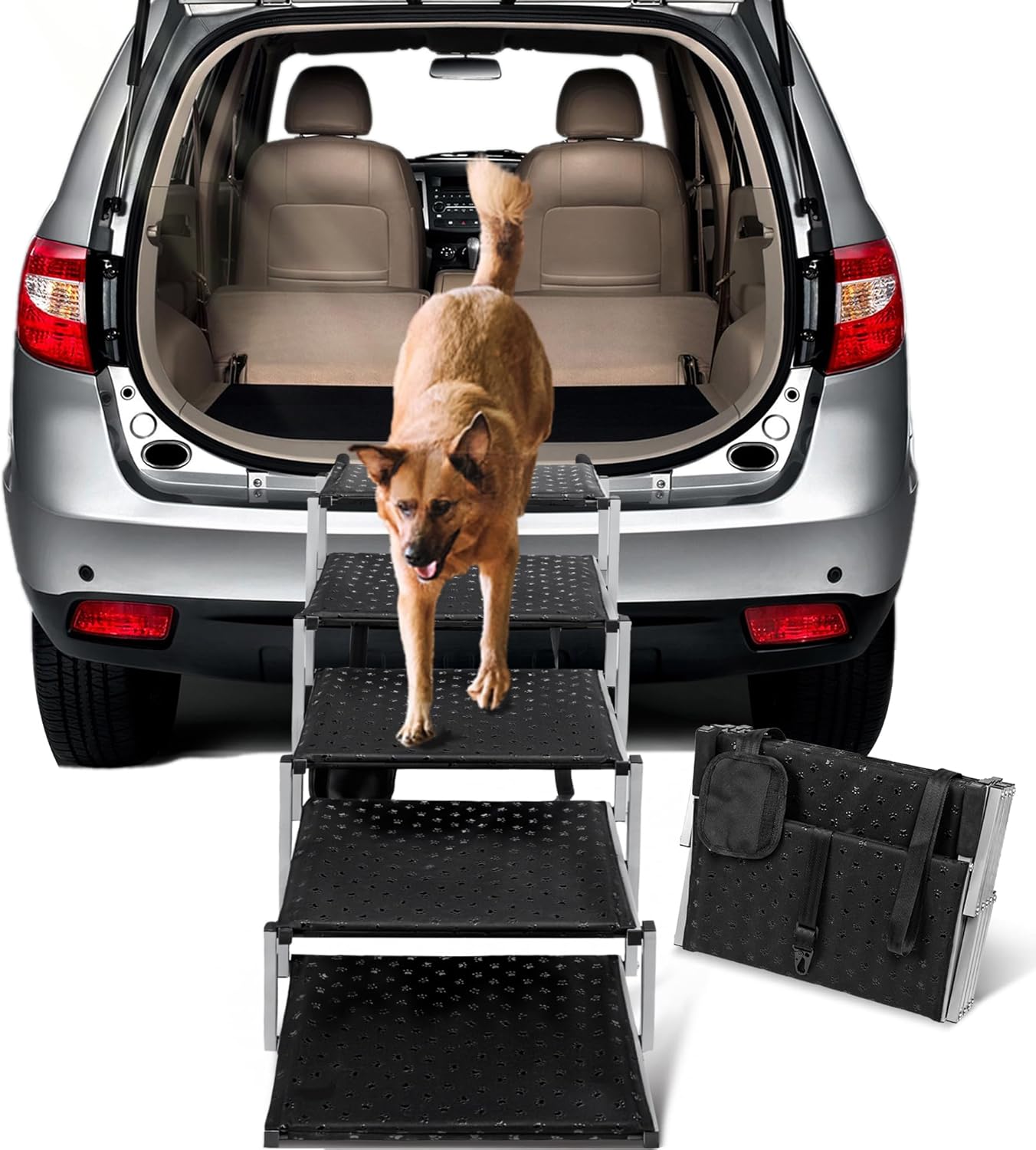 Dog Stairs for Car - Foldable Dog Ramps for Large Dogs with Non Slip Surface, Portable Dog Steps for Cars and SUV, Truck, Support Up to 200 Lbs