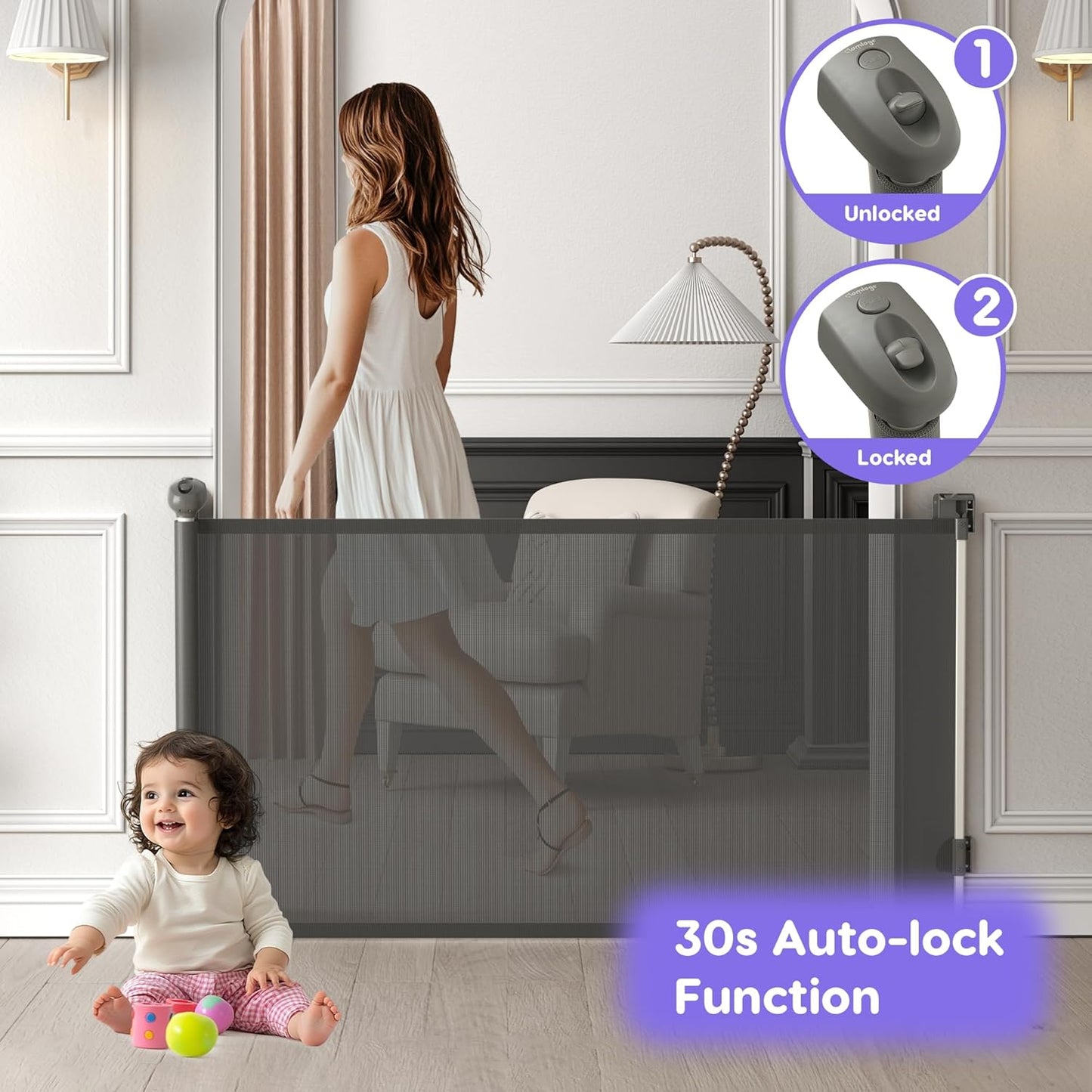 Retractable Baby Gate, Baby Gate for Stairs Auto-Lock, Dog Gates for Doorways Safety, Extends to 34.5x55in, Black