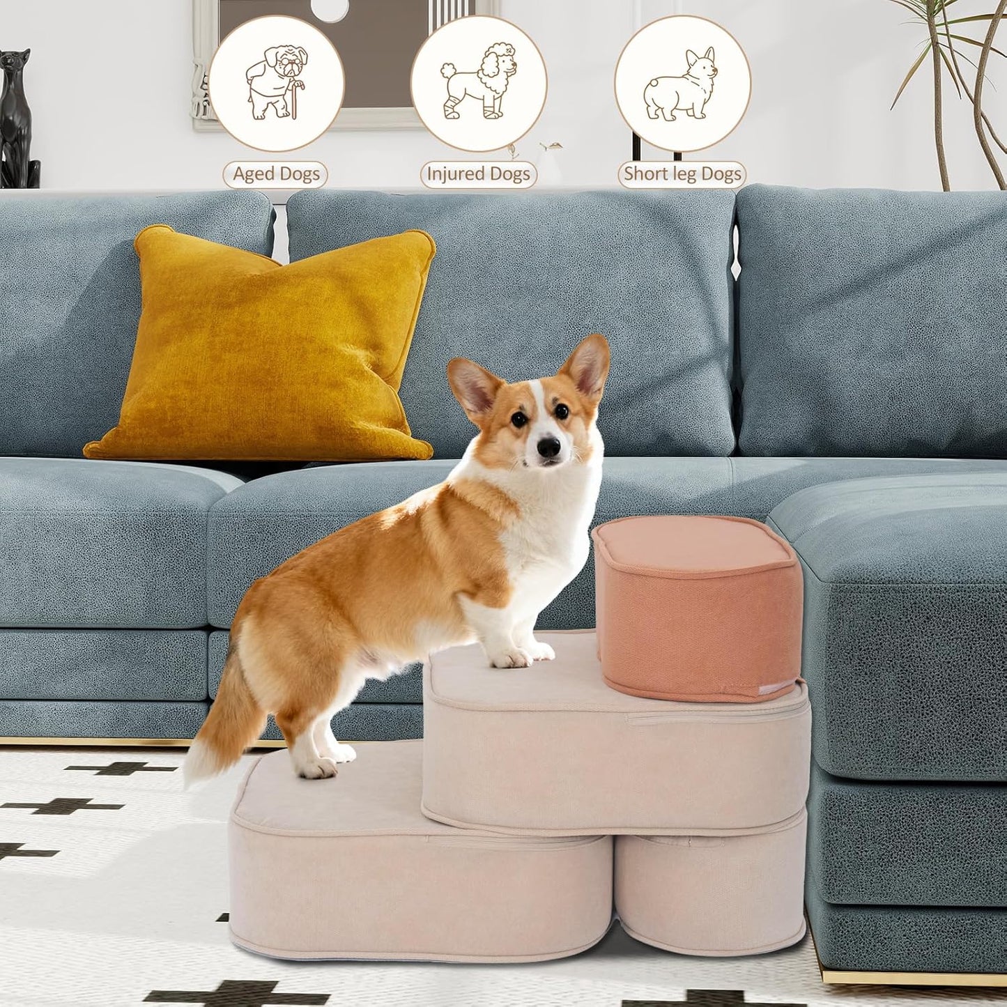 Dog Stairs for Small Dogs, 3 Step Dog Stair for High Bed and Couch, Non-Slip High Density Foam Sturdy Pet Steps with Removable Washable Cover for Older Cat
