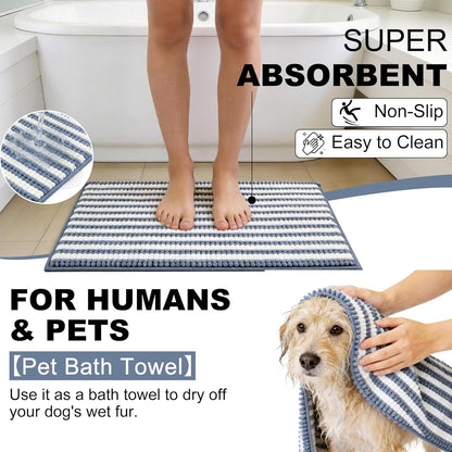 pobopobo Dog Door Mat for Muddy Paws - Absorbent & Washable Chenille Rug, Non-Slip Dirt Trapper for Indoor Outdoor Entryway, Quick Dry Pet Mat for Muddy Dogs (Striped Gray-Blue&White, 24" x 16")