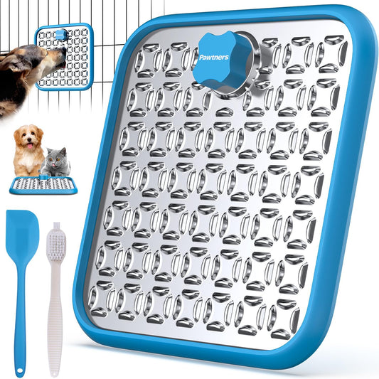 Lick Mat for Dogs & Cats, Stainless Steel Pet Slow Feeder for Crate Boredom & Anxiety Reduce, Cat Licking Pads with Spatula & Scrubbing Brush, Blue