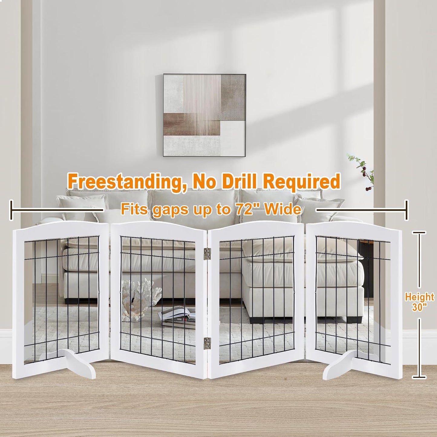 LZRS 2-Panel Freestanding Foldable Wood Dog Gate – Solid Wood & Steel Wire, Chew-Resistant Pet Barrier for Indoor Use, Ideal for Small to Medium Dogs, White
