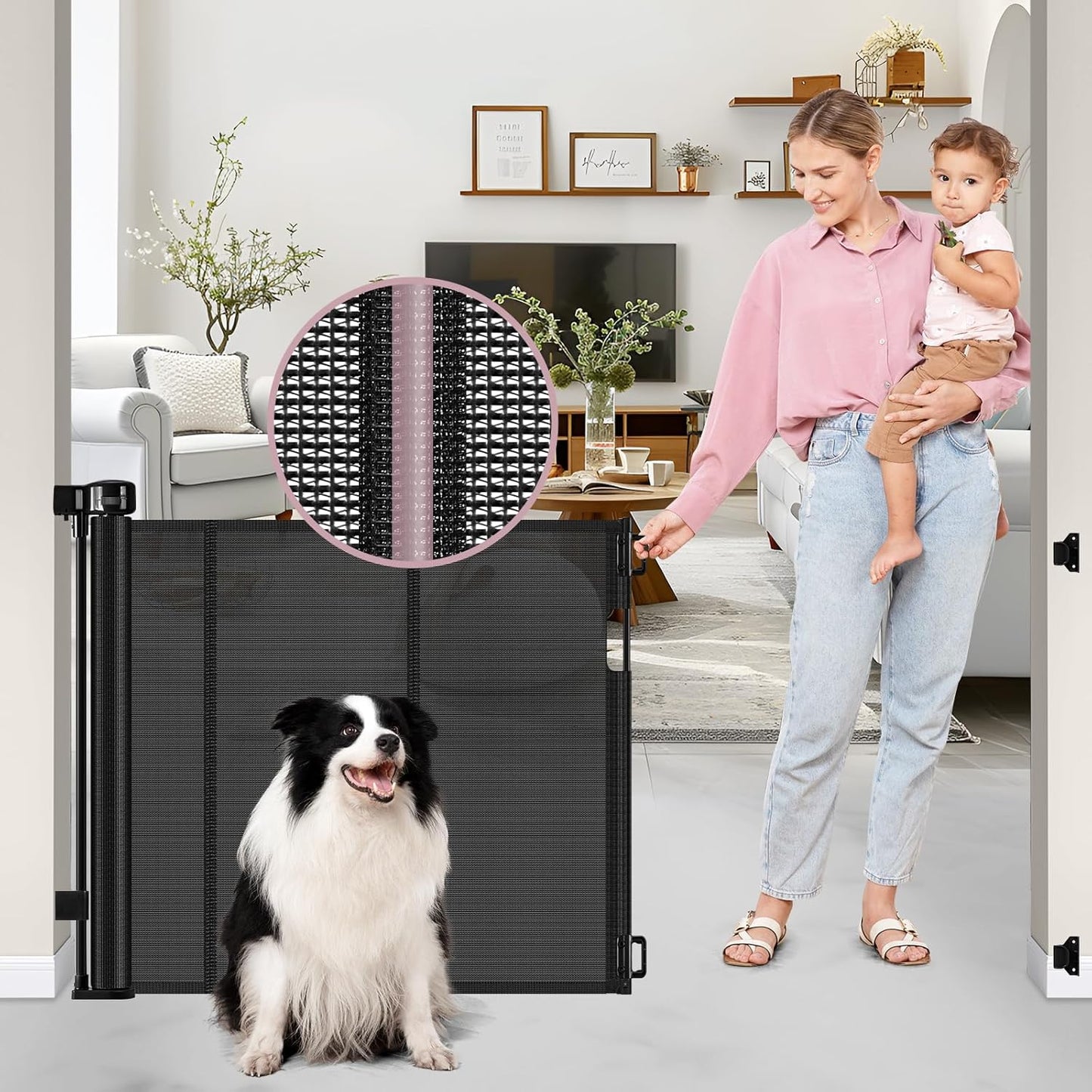Reinforced 56" Wide Retractable Baby Gates for Doorways with Support Rods - Prevent Crawling Under Retractable Gate, Mesh Pet Gate for Stairs Retractable Dog Gates for The House Indoor/Outdoor, Black