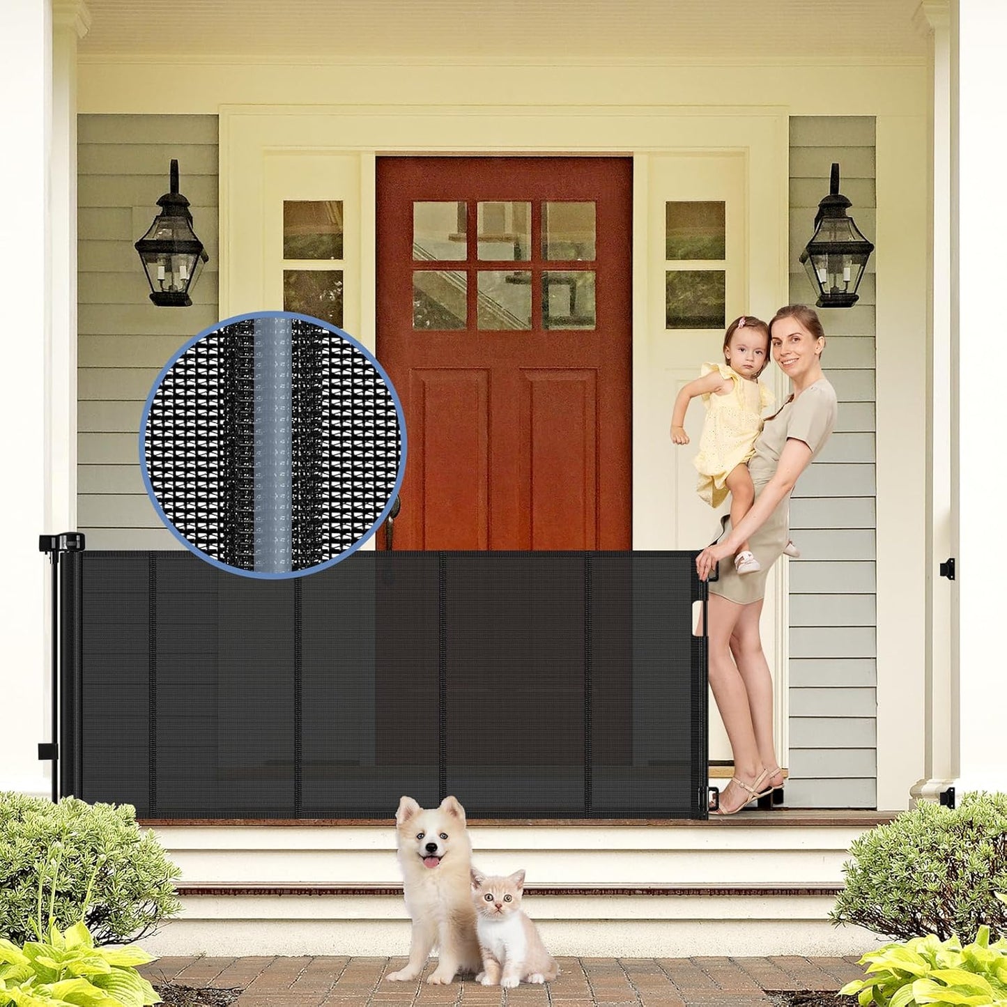 Reinforced 90 Inch Retractable Baby Gates Extra Wide Baby Gate with Reinforced Strips, 7.5ft Long Retractable Dog Gate for The House 33 Inch Tall Extra Long Pet Gates for Wide Openings, Black