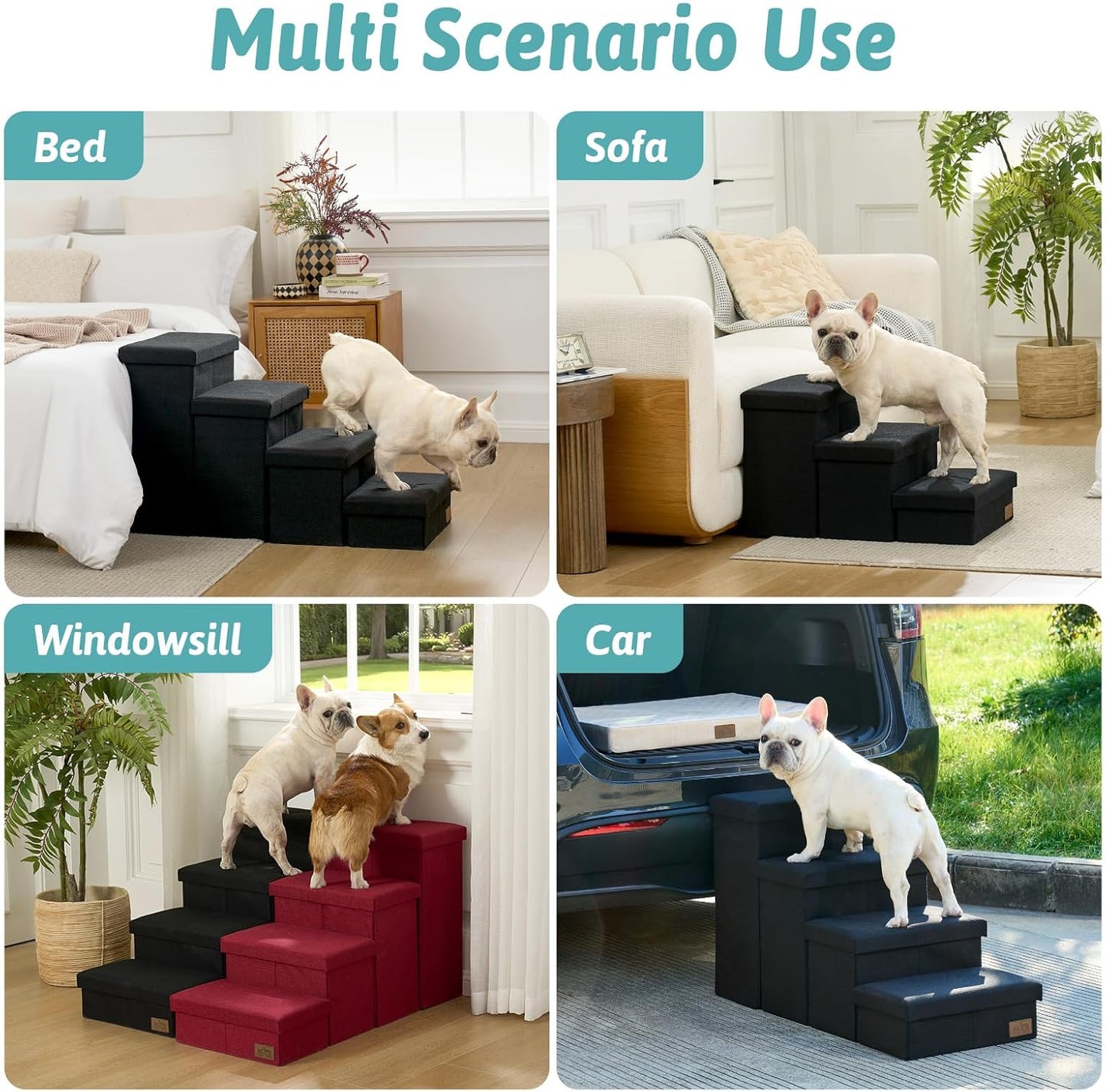 Dog Stairs with Storage, 4-Step Wider Sturdy Dog Steps for Small/Medium/Large Dogs and Older Cats, Folding Doggie Ramp for Bed/Couch/Car Hold Up to 180 lbs (22" H, Brown)