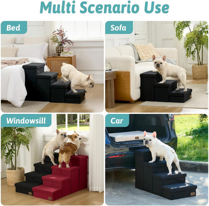 Dog Stairs with Storage, 4-Step Wider Sturdy Dog Steps for Small/Medium/Large Dogs and Older Cats, Folding Doggie Ramp for Bed/Couch/Car Hold Up to 180 lbs (22" H, Brown)
