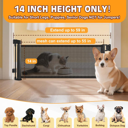 Short Dog Gate,14" Tall Gate to Step Over, Puppy Mesh Retractable Pet Gates Doggy Door for Doorways Stairs, Extends up to 55" Wide for Kitchen Hallways Indoor, Gray
