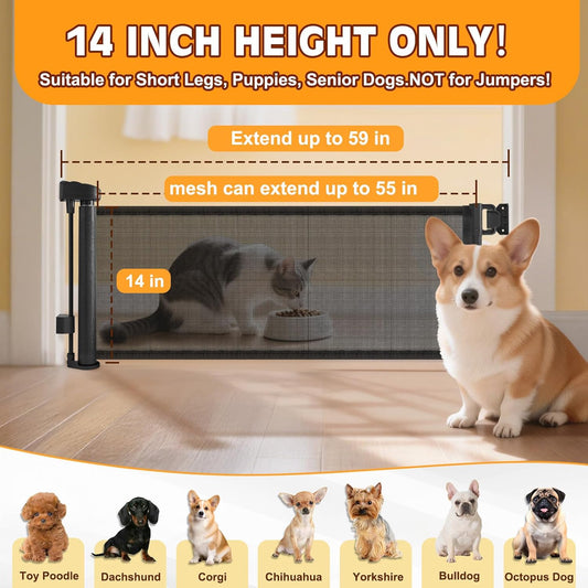 Short Dog Gate,14" Tall Gate to Step Over, Puppy Mesh Retractable Pet Gates Doggy Door for Doorways Stairs, Extends up to 55" Wide for Kitchen Hallways Indoor, Gray