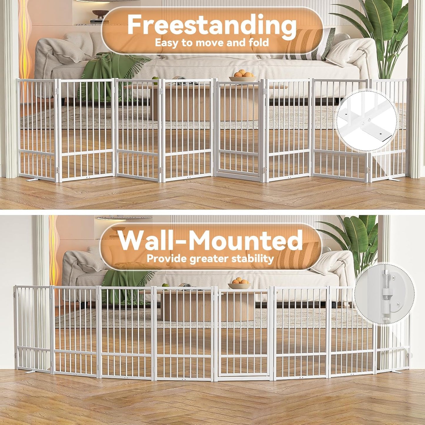 SNUOWU Full Metal Freestanding Dog Gate with Door, 32''Height Foldable Pet Dog Fence for Indoor & Outdoor, 4 Panels Extra Wide Free Standing TallDog Gates for Doorways,House,Stairs,Porch,Deck,Yard
