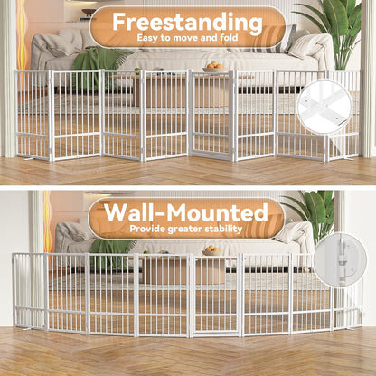 SNUOWU Full Metal Freestanding Dog Gate with Door, 32''Height Foldable Pet Dog Fence for Indoor & Outdoor, 4 Panels Extra Wide Free Standing TallDog Gates for Doorways,House,Stairs,Porch,Deck,Yard