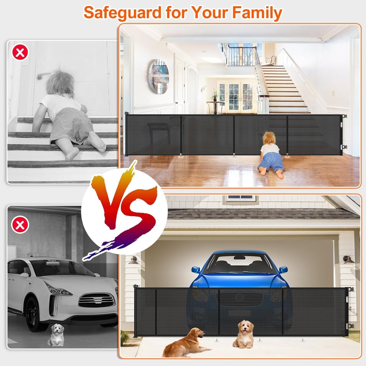 Upgrade 120 inch Retractable Baby Gates, EZIGO Extra Wide Baby Gate for Large Opening Extra Long Mesh Gate for Kids or Pet Dog Gate Child Safety Gate for Stairs Hallways Doorway Indoor Outdoor, Gray