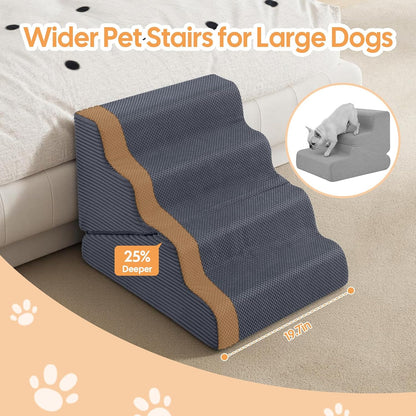 Dog Ramp for Bed, 23" H Dog Stairs for High Bed, 2 in 1 Pet Steps for Small Dogs, 5-Step Foldable Transformable Large Cats Ramp to Get on Couch, Non-Slip Balanced, Grey