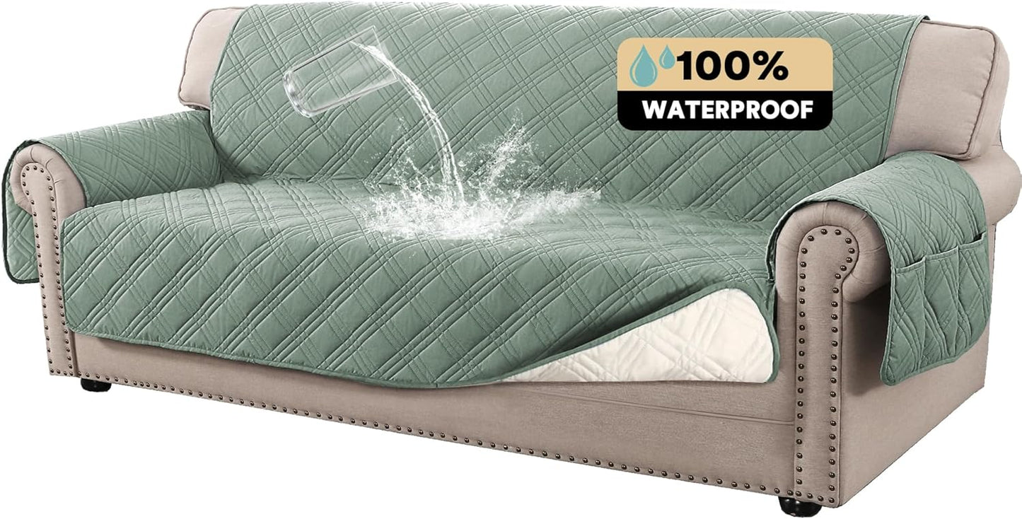 PrinceDeco 100% Waterproof Couch Cover for 3 Cushion Couch Sofa Pet Friendly Non-Slip Couch Cover for Dogs Washable Water Resistant Furniture Protector with Elastic Straps(Sofa 68", French Oak)