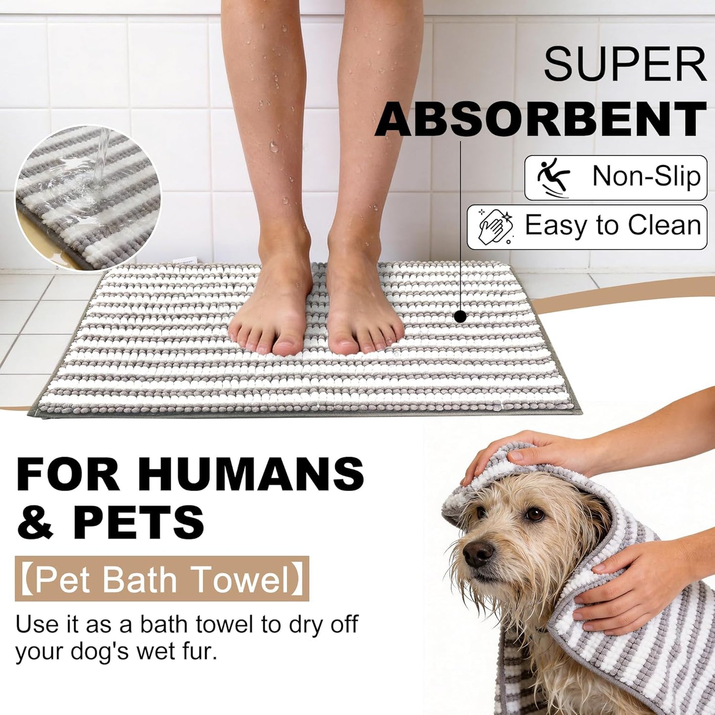 pobopobo Dog Door Mat for Muddy Paws - Absorbent & Washable Chenille Rug, Non-Slip Dirt Trapper for Indoor Outdoor Entryway, Quick Dry Pet Mat for Muddy Dogs (Striped Gray-Blue&White, 24" x 16")