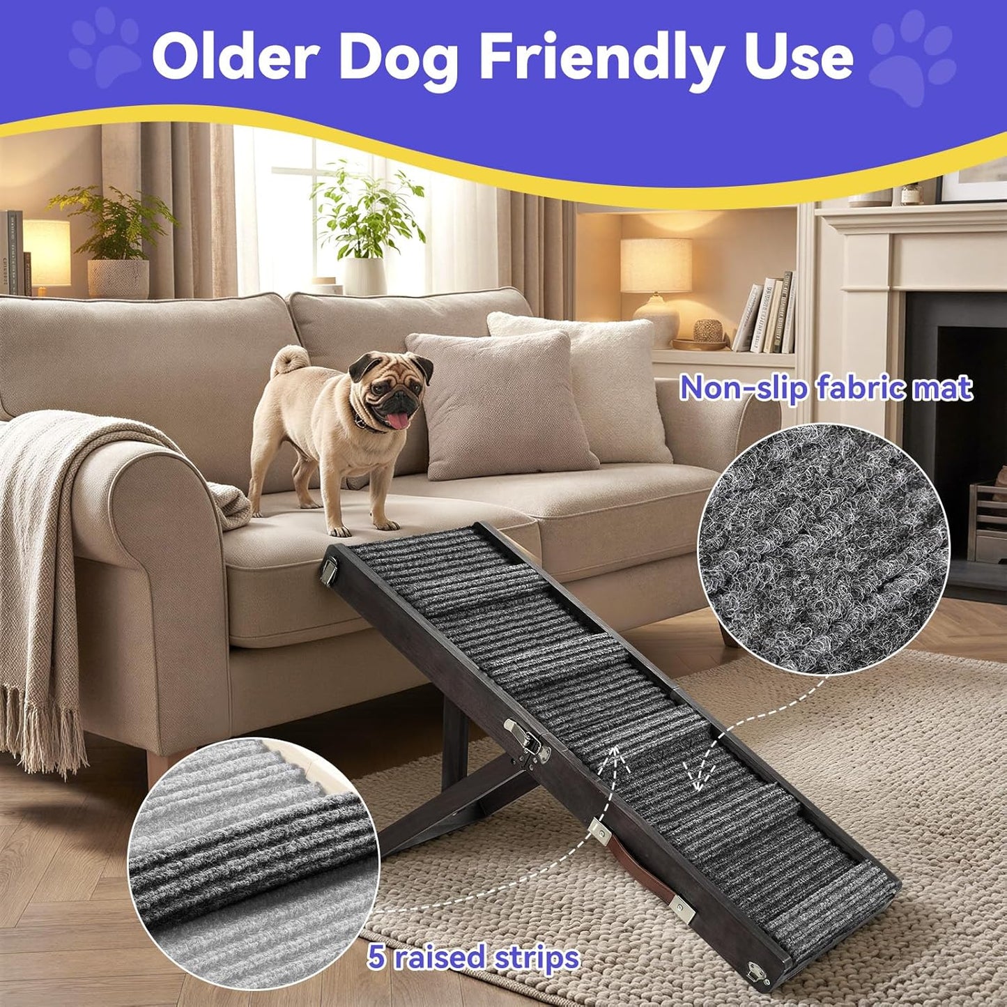 2026 Upgraded Dog Ramp for Couch, Foldable Small Dog Ramp for Sofa, 4 Adjustable Height from 13'' to 21", Portable Stable Pet Steps with Non-Slip Pad, Pet Ramps Use for Sofa Couch Stairs