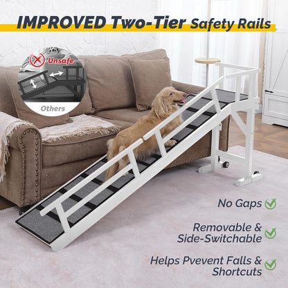 Dog Ramp for Bed or Couch, Wooden Pet Ramp with 20° Gentle Slope, Removable Side Rails, Non-Slip Surface, Top Platform & Wheels, Safe Bed Ramp for Small, Large & Senior Dogs, 60" Long, Mahogany