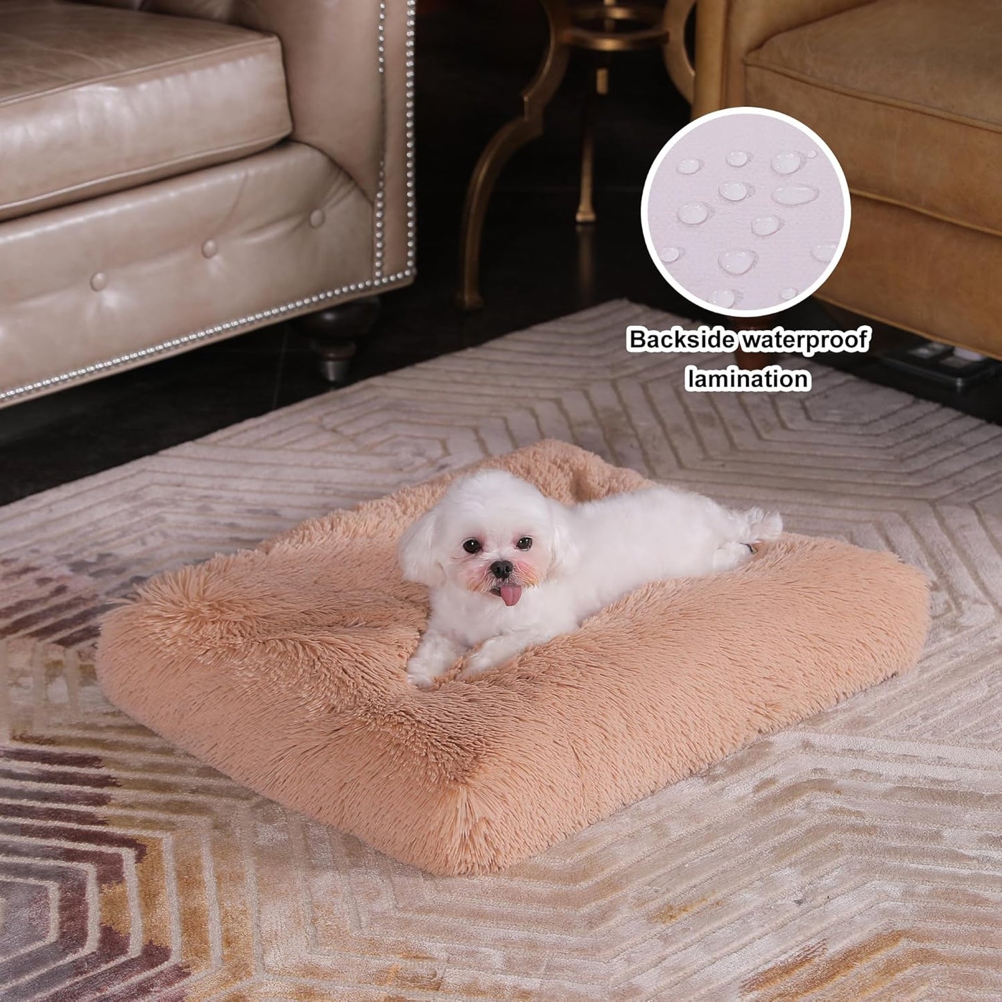 Bedfolks Waterproof Dog Crate Bed, Plush With Removable Washable Cover, Faux Fur Crate Pad for Medium Dogs, Fluffy Kennel 29"x21", Dark Grey