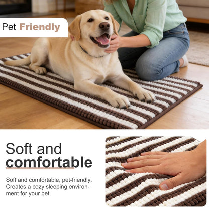 pobopobo Dog Door Mat for Muddy Paws - Absorbent & Washable Chenille Rug, Non-Slip Dirt Trapper for Indoor Outdoor Entryway, Quick Dry Pet Mat for Muddy Dogs (Striped Gray-Blue&White, 24" x 16")