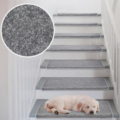 PURE ERA Bullnose Carpet Stair Treads Set Tape Free Non-Slip Indoor Stair Protectors Pet Friendly Rugs Covers Soft Skid Resistant Washable Reusable 9.5" x 30"(14 Pieces,Cream Gray)