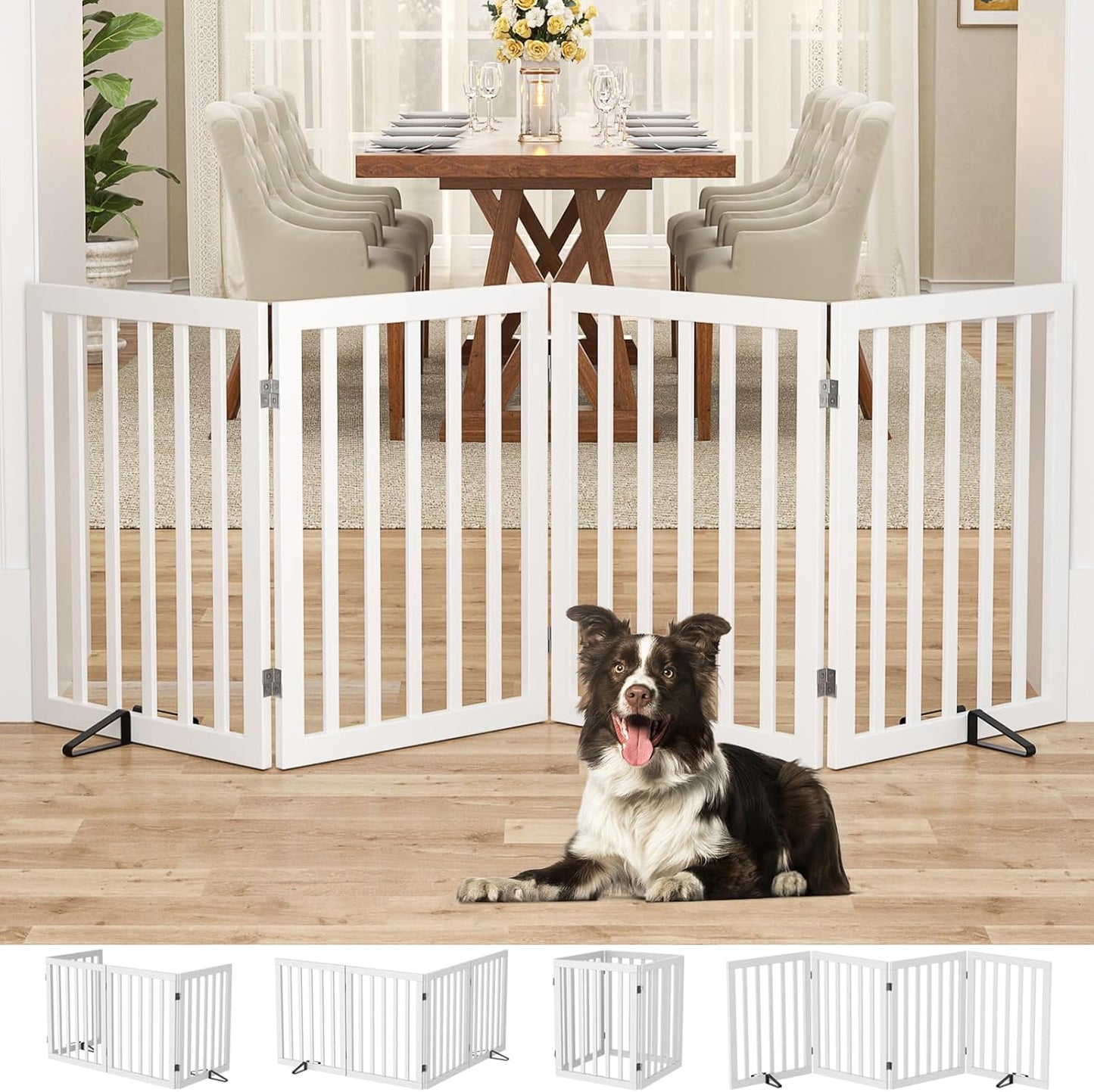 Homykic Bamboo Freestanding Dog Gate, No Assembly Pet Gate Indoor, 24”H x 75”W Extra Wide Foldable Puppy Fence with Support Feet for the House, Doorways Stairs, 4 Panels, No Drilling, Espresso