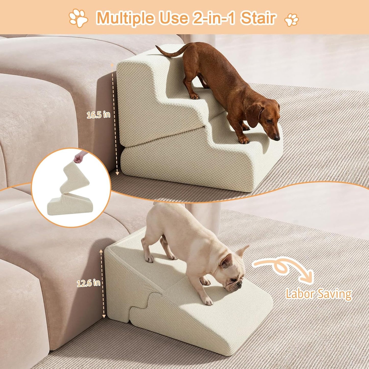 Dog Ramp for Bed, 23" H Dog Stairs for High Bed, 2 in 1 Pet Steps for Small Dogs, 5-Step Foldable Transformable Large Cats Ramp to Get on Couch, Non-Slip Balanced, Grey