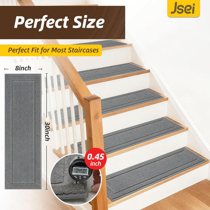 Non-Slip Stair Treads for Wooden Steps Indoor, 15 Pack 8" X 30" Edging Stair Rugs with TPE Backing, Carpet Stair Treads for Kids Elders & Pets, 100% Polyester Soft Stair Runners, Brown