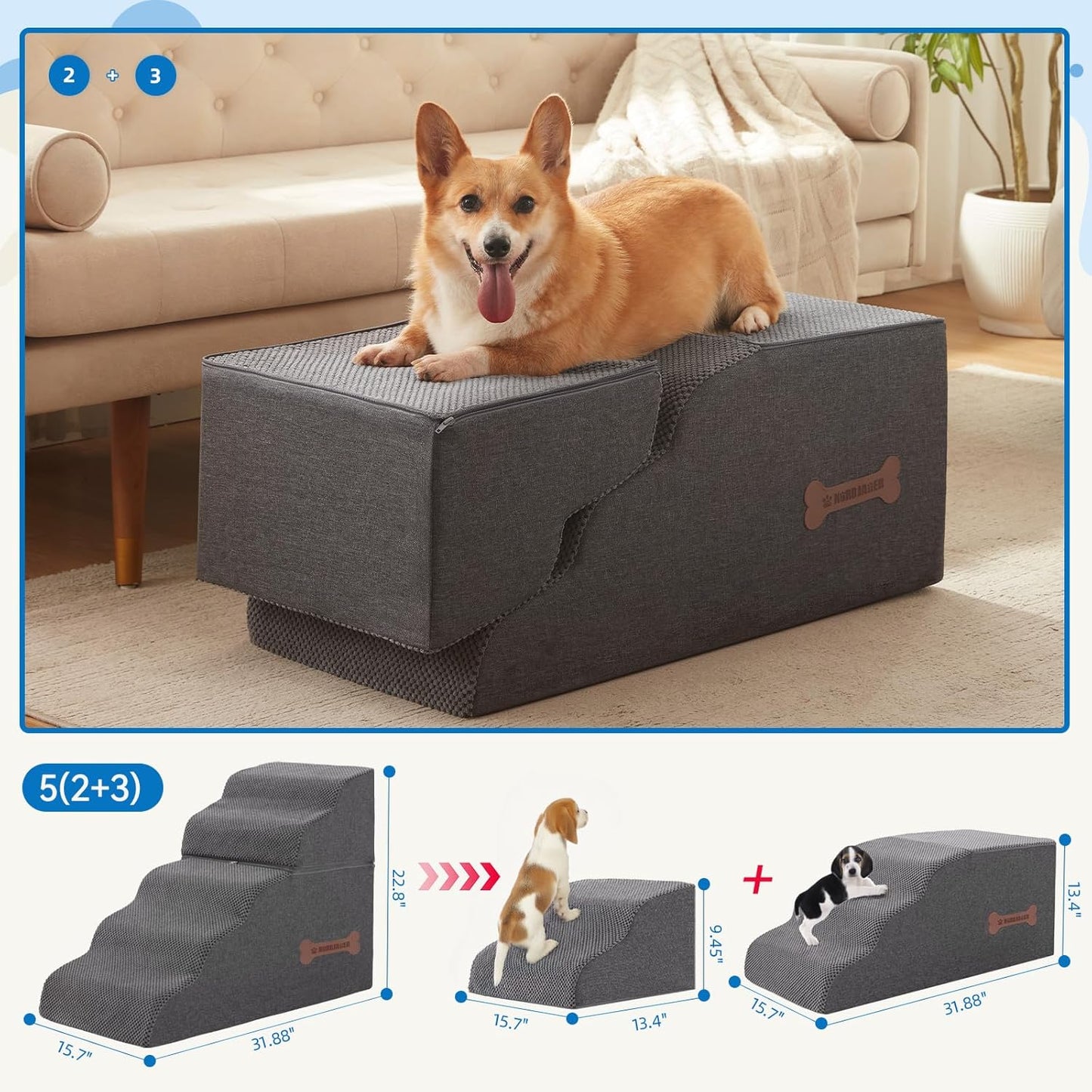 Dog Stairs for Small Dogs and Cats, 2 Steps Pet Stairs to Get on Couch Sofa and Chair, Indoor Non-Slip Balanced Portable Pet Step, High-Density Foam Ramp with Removable Washable Cover, Grey（11.8" H）