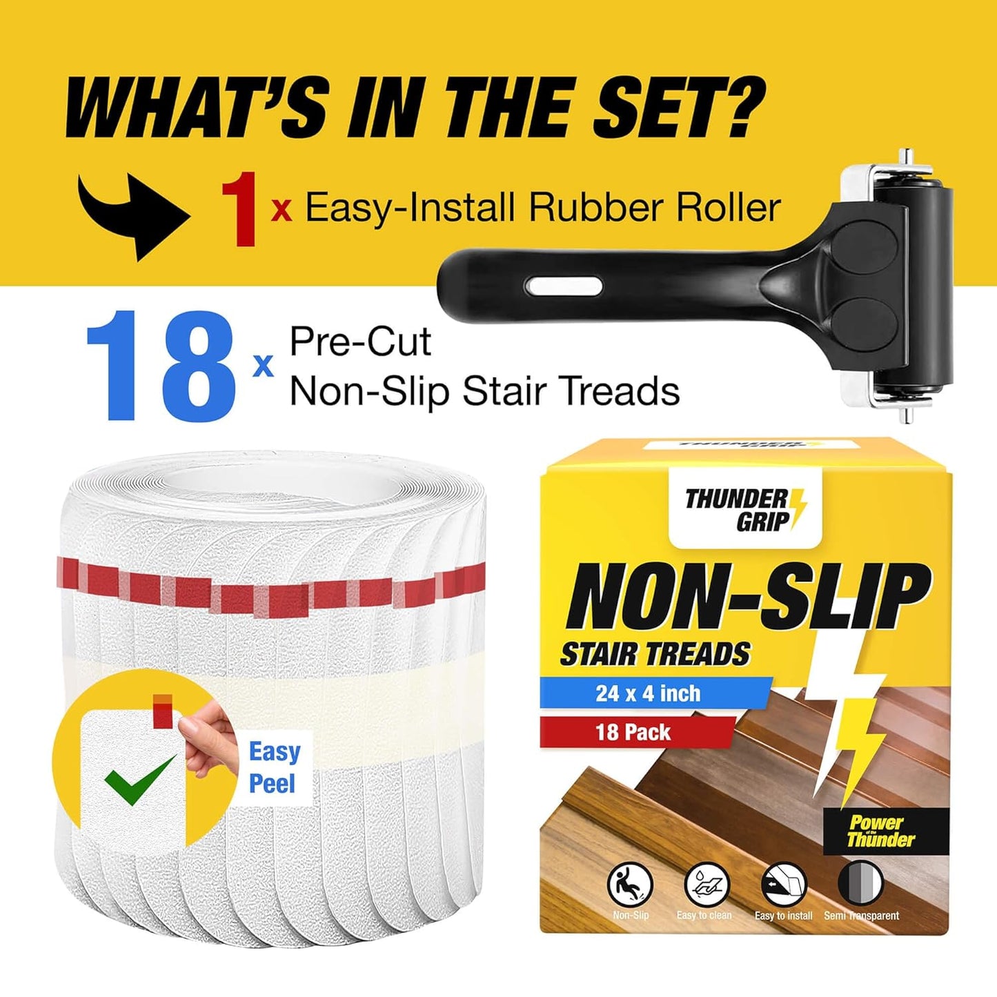 Clear Stair Treads Non-Slip 24"x4" - 18-Pack Indoor Stair Grips Non Slip for Wooden Steps - Anti Slip Adhesive Strips for Dogs & Elderly - Staircase Step Treads - Transparent Treads for Wood Stairs