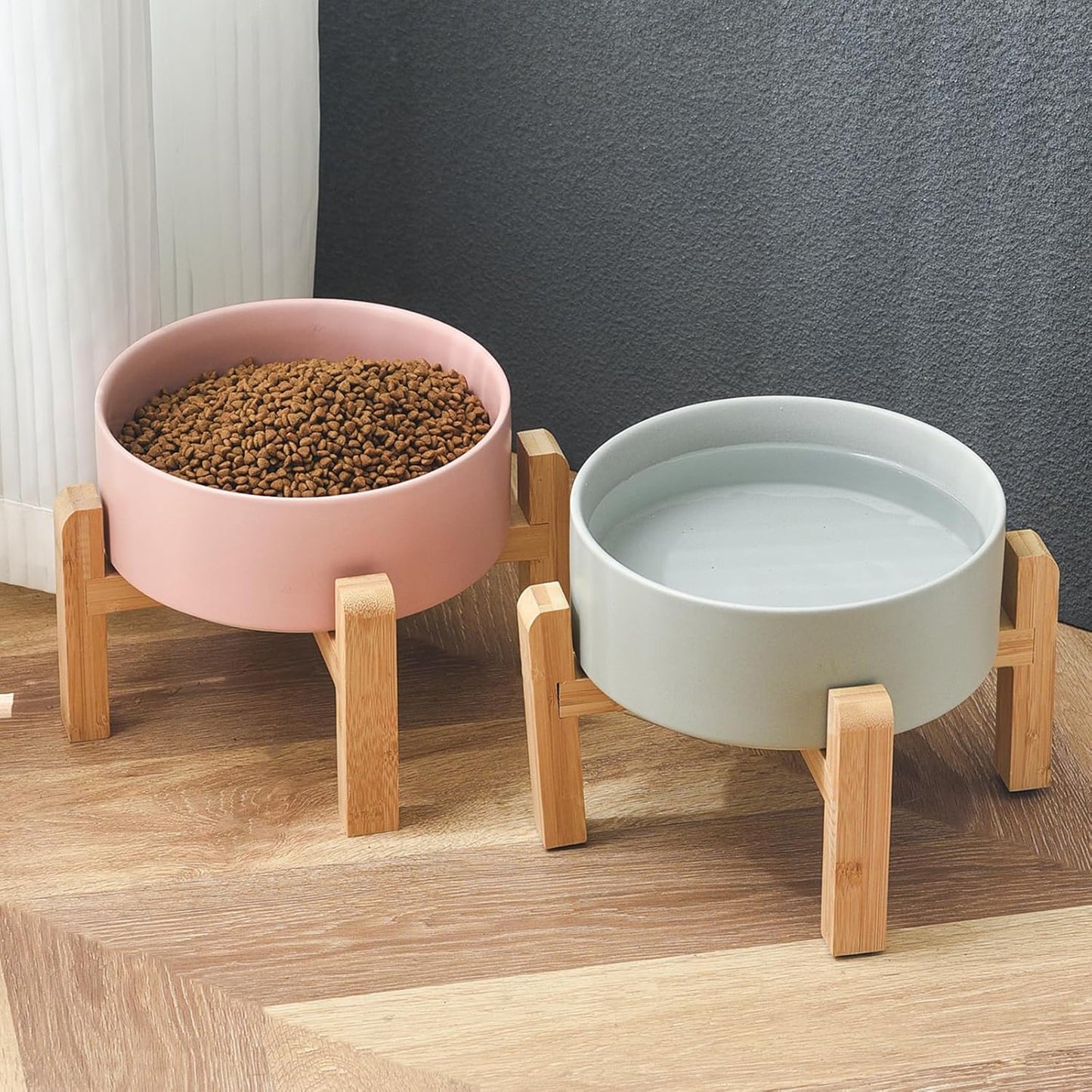 6'' Ceramic Raised Dog Bowl - 30Oz Dog Food & Water Bowl with Elevated Non-Slip Bamboo Stand, Dishwasher & Microwave Safe, Anti Vomiting Heavy Duty Pet Bowl for Small and Medium Dogs, White