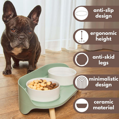A4DOG Ceramic Dog Bowls with Stand - Elevated Dog Water and Food Bowl Set 13.5oz Cat & Dog Feeding Station Spill Proof Splash Proof Raised Pet Food Bowls for Dogs, No Mess Pet Feeder - Gray