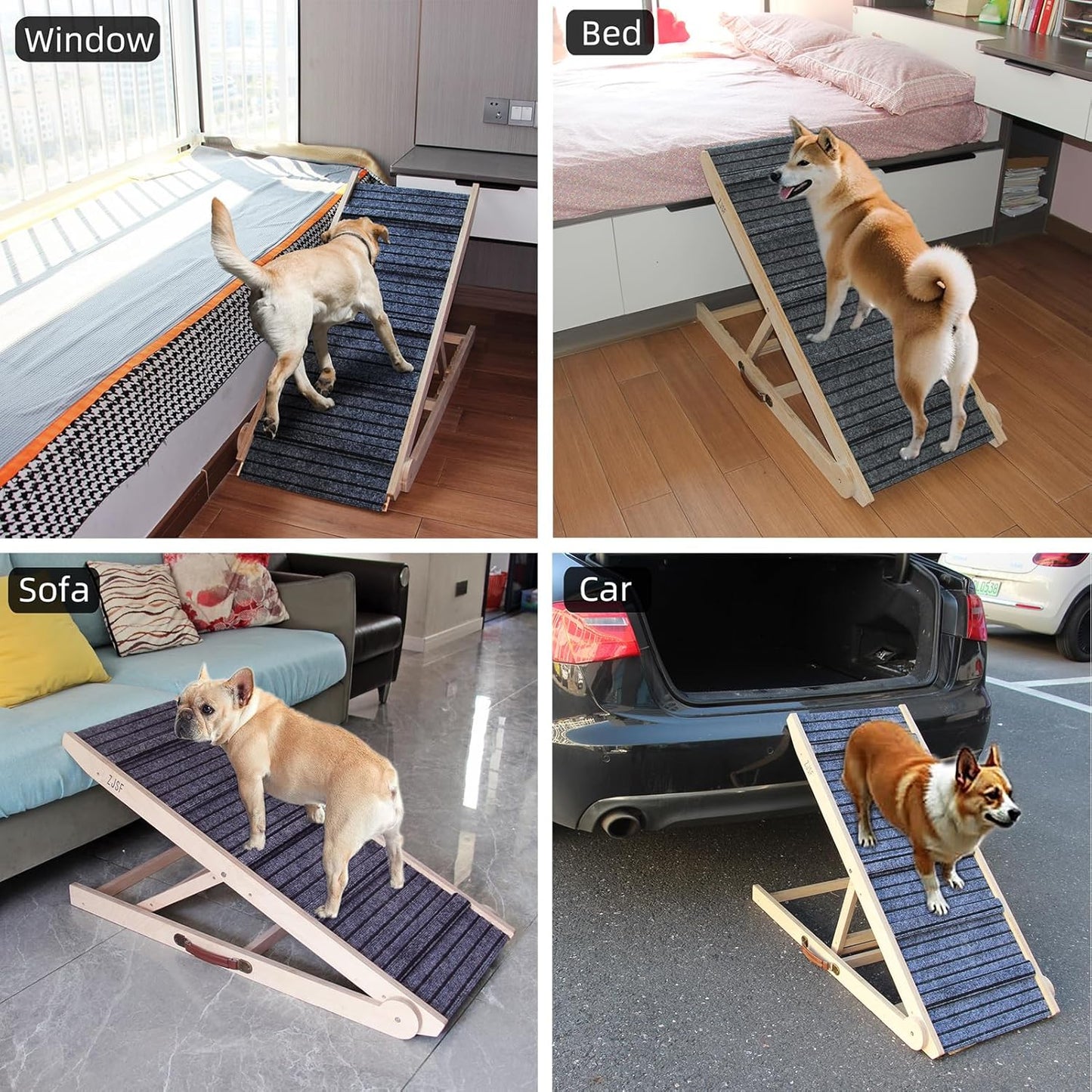 ZJSF Foldable Dog Ramp for High Bed, Wooden Dog Stairs to Bed for Small and Large Dogs, High Traction Platform with 6 Adjustable Heights (12.2"-26"), 39.7", Supports up to 230 lbs