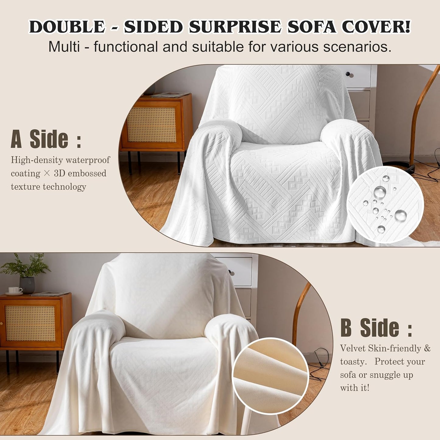 Waterproof Couch Cover, Reversible, Pet-Friendly, Washable and Anti-Slip Couch Covers for Sofa Protection with 3 Cushions, Sofa Slipcovers for Dogs and Cats (71×118in/Brown)