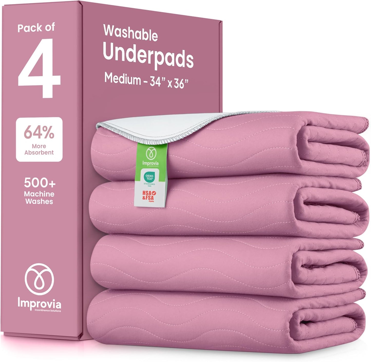 IMPROVIA® Washable Underpads, 34" x 36" (Pack of 4) - Heavy Absorbency Reusable Bedwetting Incontinence Pads for Kids, Adults, Elderly, and Pets - Waterproof Protective Pad for Bed, Couch, Sofa, Floor