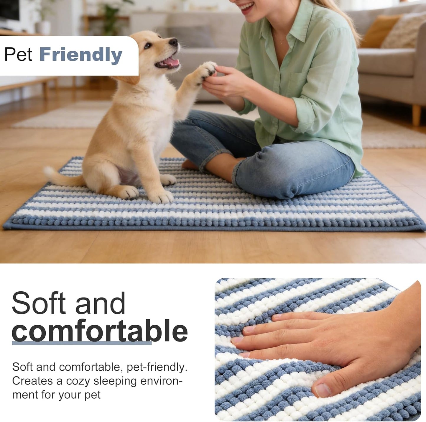 pobopobo Dog Door Mat for Muddy Paws - Absorbent & Washable Chenille Rug, Non-Slip Dirt Trapper for Indoor Outdoor Entryway, Quick Dry Pet Mat for Muddy Dogs (Striped Gray-Blue&White, 24" x 16")