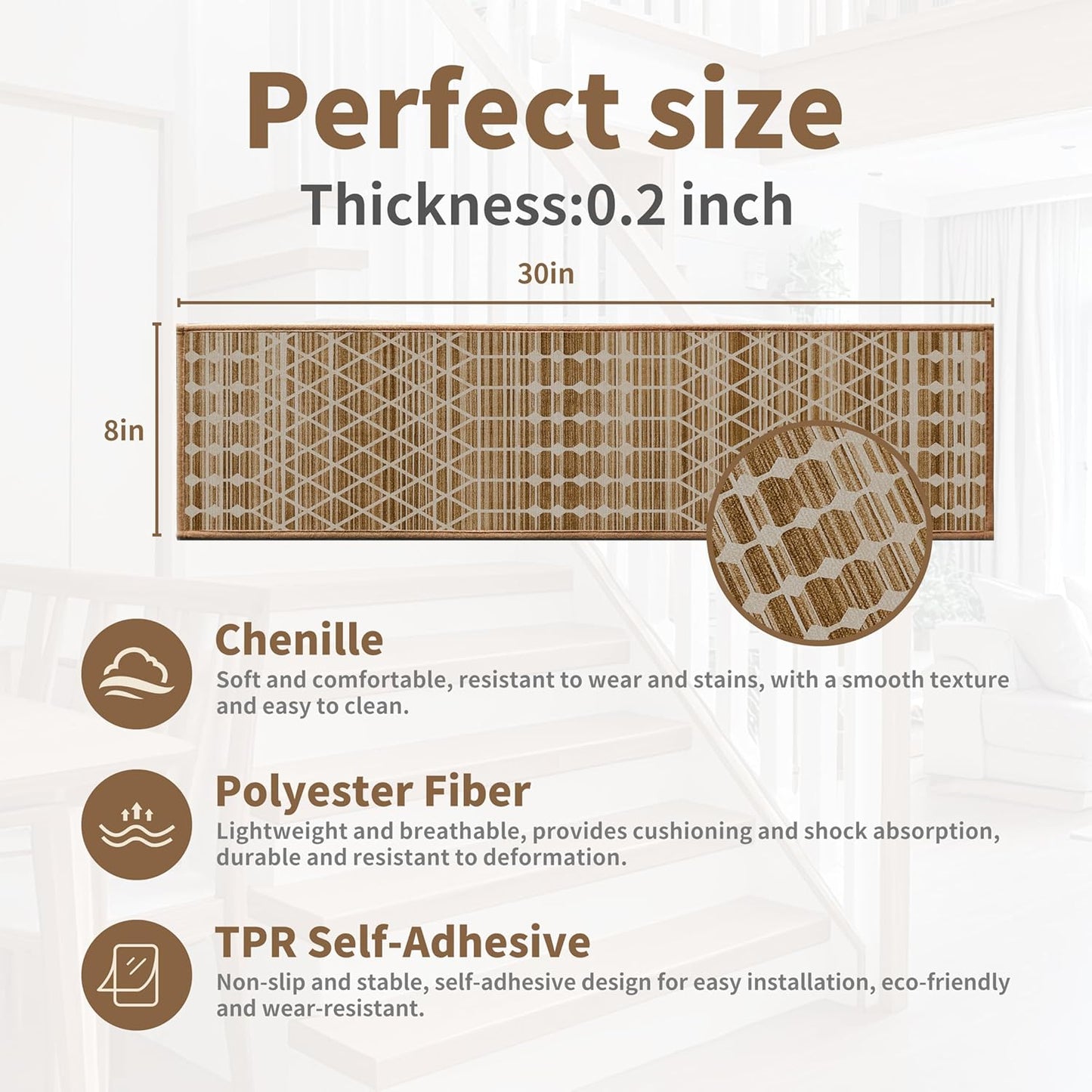 Non-Slip Stair Treads for Wooden Steps 15pcs,8"x30" Stair Carpet Treads for Indoor Use,Peel and Stick Stair Runners,Washable Reusable Adhesive Backing,Pet-Friendly Stair Capet for Kids,Elders,Dogs