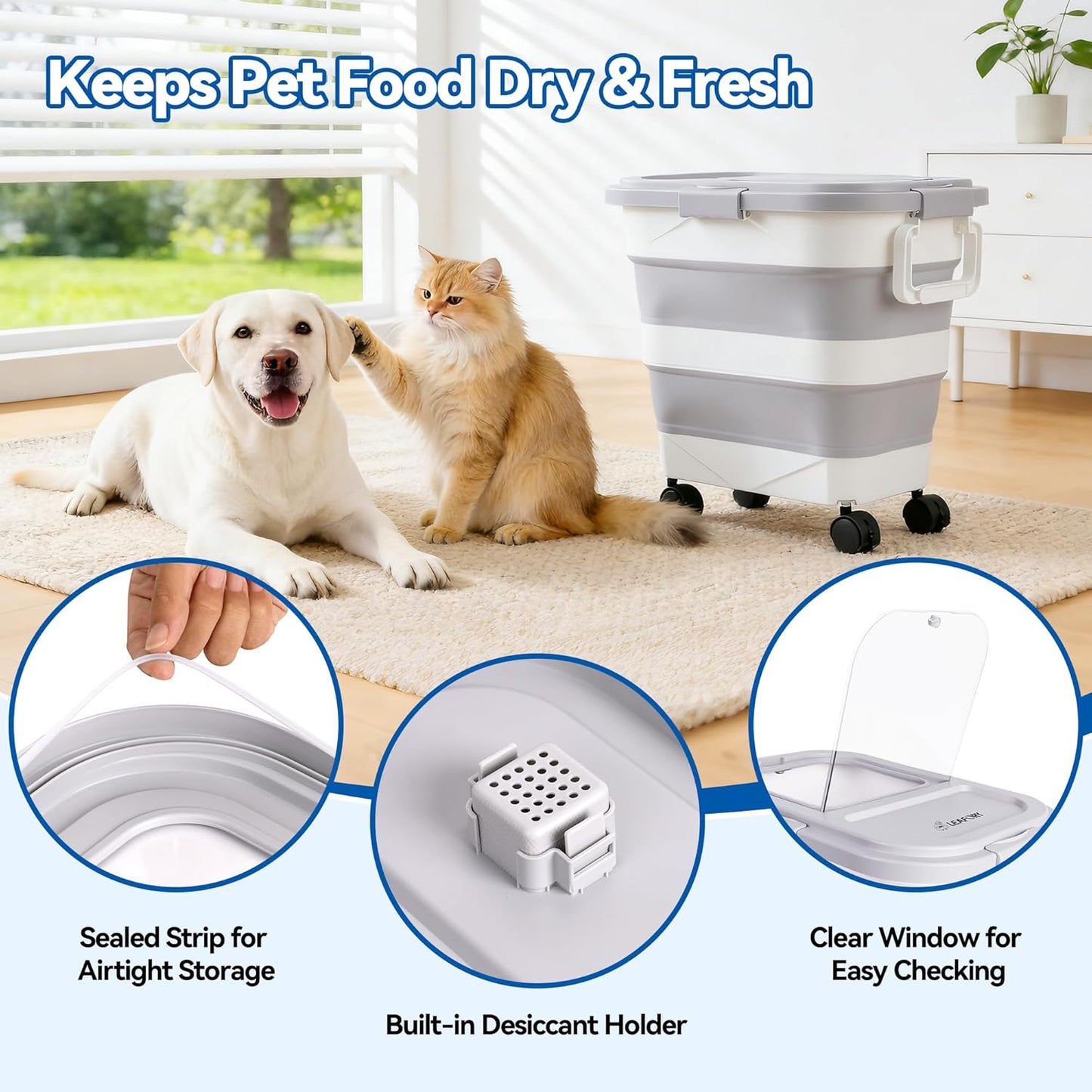Dog Food Storage Container 30-40lbs, Airtight Pet Food Bin with Locking Lid & Clear Window, Collapsible Rolling Storage Container with Wheels & Scoop, Gray